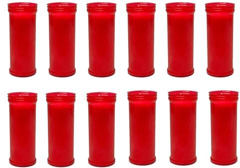 Velón litúrgico de cera de parafina. Hasta 6 días de duración. Calidad extra. Ideal para iglesias, cementerios, tumbas...Sin perfume. Velón Santo (12, Rojo, 14 cm)
