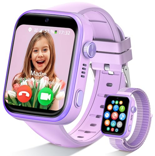 AKUMAKA 4G Smartwatch Kinder mit GPS und Telefon, IP68 Wasserdicht Kinder Smartwatch mit Videoanruf, SOS, Schulmodus, Voice Chat, WhatsApp, Schrittzähler, Wecker Kinderuhr für Mädchen und Jungen, Lila