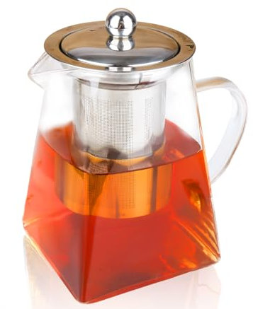 Spring Chef Square Glass Tea Pot with Infuser, Heat-Resistant Borosilicate Glass Teapot with Strainer, Removable Infuser Tea Pot Handmade for 1-2 person-550ml/18.6oz