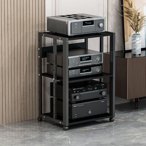 AV Media Stand Cart with Rolling Printer Stand Sturdy Audio Rack Tower for CD DVD Record Player Office Storage Cabinet (Black 3 Tier)