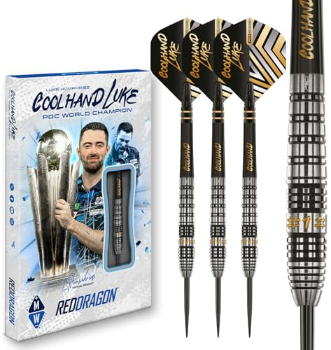RÖDA DRAGON Darts – professionell spelare – Luke Humphries Coolhand Prestige 24 g – 90 % volframstålspetspilar med dartflyg och dartaxlar (stammar)