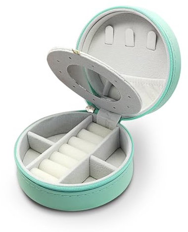 MultiValue Joyero Viaje Pequeño, Redondo Estilo Sencillo Cajas de Joyería Mini Joyeros Mujer Organizador con Espejo Cuero Joyas de Mujer para Pendientes Collares Pulseras Anillos (Verde)