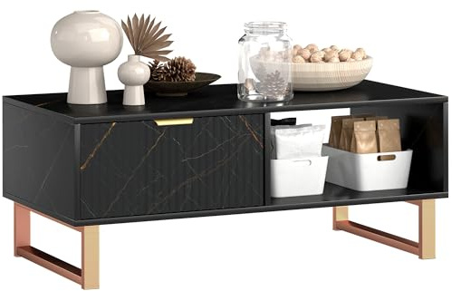 HOMCOM Marble-Effect Coffee Table with Storage, Drawer, Fluted Door, Black
