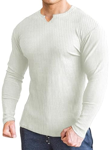 Lehmanlin muskel-t-shirt för män, långärmad och kortärmad, smal passform, ribbad V-ringad t-shirt, stretch, ledig, moderiktiga, affärstoppar, Vit-lång, XL