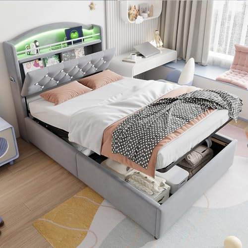 Lcoho Kinder Polsterbett（ 90x200cm）, Samt Einzelbett Multifunktionsbett mit Stauraum mit LED und USB Beige (Grau)