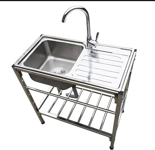 AMAZWI Stainless Steel Kitchen Sink Free Standing Sink Commercial Hot and Cold Faucet with Drainer Unit and Storage Shelves for Room Garage Basement Outdoor and Indoor Easy to Clean.