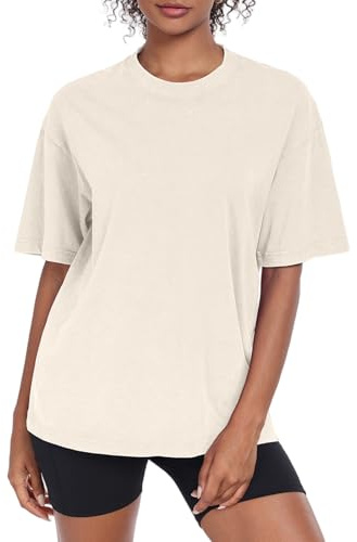 Oversized t-shirt för kvinnor rund hals kortärmade toppar casual lös basic sommar t-shirts skjortor blus, Beige, L