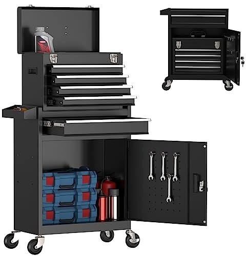 Yaciente 5-Drawer Tool Box with Wheels, Rolling Tool Storage Cabinet with Detachable Top Tool Chest and Locking Mechanism, Metal Tool Cart for Garage Workshop and Room Use (Black)