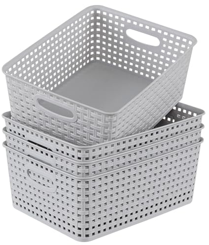 Yuright 4 Pack Plastic Woven Storage Baskets for Desktop Shelf, Light Gray