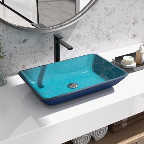 Homary Modernes Aufsatzwaschbecken, Rechteckiges Becken Gehärtetes Glas Grün Blau Badezimmerbecken, 56.5x37.5x10cm