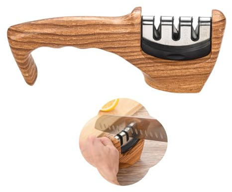 Affilacoltelli Professionale 3 in 1 Affilacoltelli Manuali Affilacoltelli Portatile per Coltelli da Cucina(Venature del Legno)