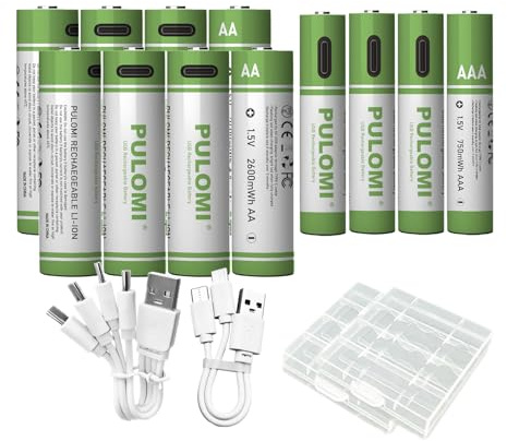 8 batterie AA + 4 batterie AAA AA+AAA, set di batterie ricaricabili agli ioni di litio USB di tipo C, 1,5 V, 1733 mAh, 2600 mWh + 500 mAh, 750 mWh, batteria al litio ricaricabile con cavo di ricarica