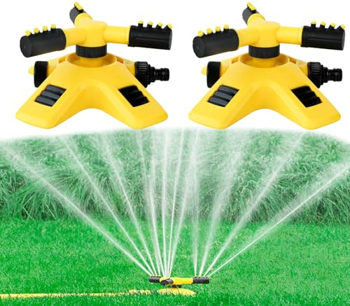 Sprinklers for Lawns, Garden Sprinklers, Automatic Garden Lawn Water Sprinkler, 360° 3- Arm Rotating Water Sprinkler Irrigation System for Watering Grass (Yellow- 2Pcs)