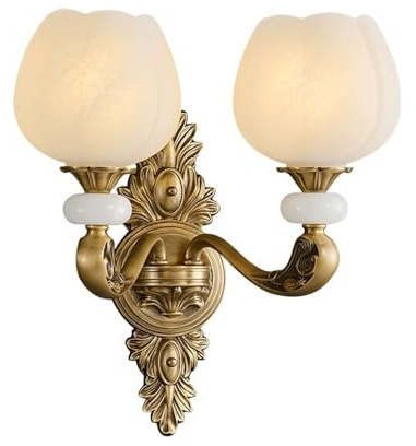 LUOYAOB French Retro Jade Decoration Wall Sconce Tulip Glass Shade Wall Lamp Full Brass Base Wall Light Fixtures for Living Room Bedroom(Double Head)