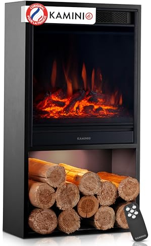 KAMINIO Camino elettrico Hugo - Stufa elettrica con riscaldamento, effetto fiamma 3D, luce ambiente a LED, scomparto de legno, telecomando (Nero)