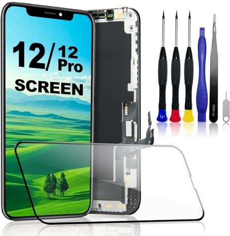 PartageFix Écran pour iPhone 12/12 Pro – Kit de Remplacement LCD 6,1 FHD + Verre Tactile – Compatible Modèles A2172/A2406/A2407/A2408 (Cadre Pré-Monté + Outils Inclus)​