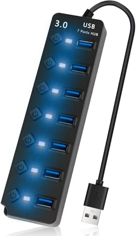 Hub USB 3.0 7 in 1 con interruttori singoli, distributore USB per PC, laptop, adattatore multiporta a 7 porte con indicatore LED, hub USB 3.0 per dischi rigidi esterni, stampante, mouse