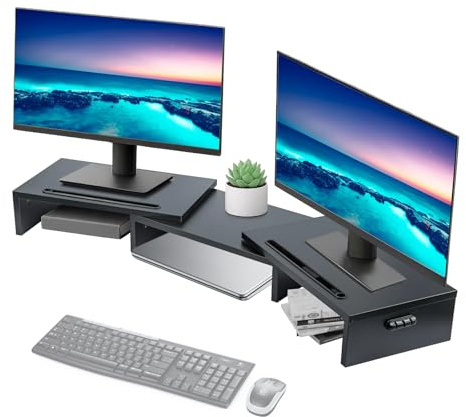 GREENSAPPIRE Dual Wooden Monitor Stand Adjustable Length and Angle | Monitor Stand for Portable Monitor and Desktop PC Monitor (Black)