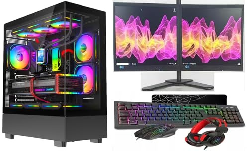 ASC Gaming PC Dual Bundle: AMD Ryzen 5 5500, 16GB RAM, 1TB+256GB SSD, RTX3050 6GB Graphics, 2x22 Monitor, Windows 11, Black RGB 9 Fan Glass Gaming Case..