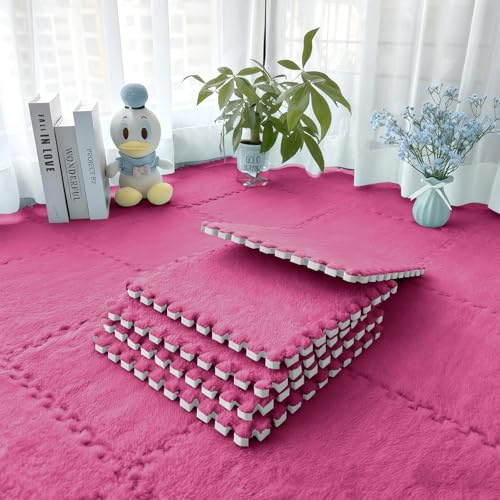 12 stycken plyschskummattor 30 x 30 cm mjuka mattplattor pussel lekmatta, sammankopplande Eva golvmattor för vardagsrum sovrum barnrum (rosa)