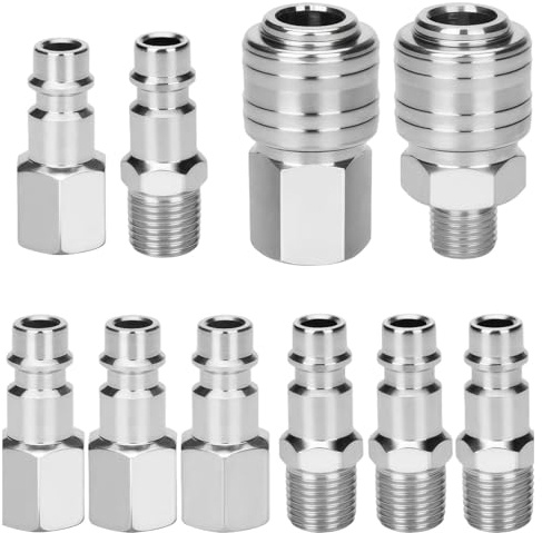 Air Line Connectors, 10-Piece Industrial Air Line Fittings Set, 1/4 BSP Euro Connectors for Compressors, Hoses, Air-Tools, Airline Fittings Couplings Plug Kit with Male Female Thread Set
