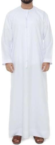 MANJIAMEI Homme Thobe émirati, Kandura musulman blanc col rond, Dishdasha arabic traditionnelle manches longues, Vêtements ethniques du Moyen-Orient cousus main pour le Ramadan, Tenue usage quotidien