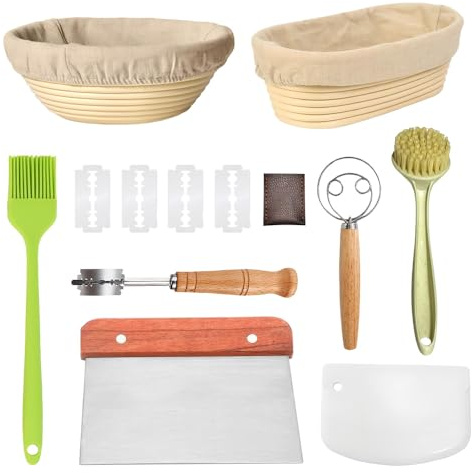 DAJASD Sourdough Starter Kit, Bread Proofing Basket Set with Liner, 23 & 25cm Proving Basket, Bread Lame, Dough Whisk, Scrapers & Brush, Professional Sourdough Bread Home Making Tool Kit, Baking Gifts