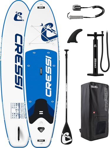 CRESSI dal 1946 - Ultra Isup Set - Tavola Sup Gonfiabile Adulti Grande Stabilità e Resistenza Completa di Accessori Pagaia Pinna Pompa Laccio Borsa Zaino - Bianco/Blu_320x81x15 cm Max 130 kg
