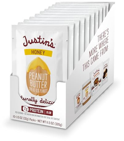 Honey Peanut Butter Squeeze Packs by Justin's, Gluten-free, Non-GMO, Responsibly Sourced, Pack of 10 (1.15oz each)