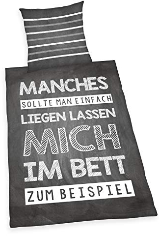 Herding Sprüche Bettwäsche-Set, Wendemotiv, Kopfkissenbezug 80 x 80 cm, Bettbezug 135 x 200 cm, Baumwolle/Renforcé, Grau/Weiß