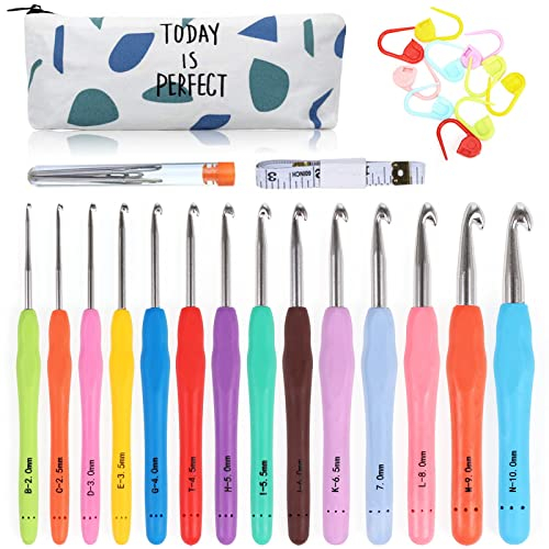 Mtophs 14 Stück Häkelnadel Set Bunte Ergonomisch Softgriff Anfänger mit Tasche Stricknadeln Zubehöre- 2mm-10mm,Geschenk für Frauen/Mutter