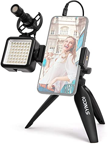 SYNCO Smartphone-Video-Kit-Vlogging-Mikrofon, Kamera-Richtmikrofon, Videolicht, Handyhalterung, Handheld-Stativ, Rig Stabilisator für YouTube iPhone(Adapter benötigt) Huawei Samsung, Vlogger Kit2