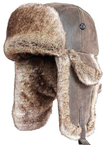 WHSPORT Trappermütze, Aviatormütze für Herren und Damen, Flieger Pilot Mütze Leder Winter Trapper Trooper Kunstpelz Ohrenklappen Mütze (Color : Brown, Size : 58-60CM/22.83-23.62IN)