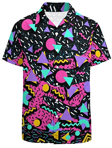 LARSD Camicia da Uomo Anni '80 – Anni '90 Button up Vintage retrò Hawaiana Spiaggia Neon Discoteca Divertente Festa Camicia, 80s 90s Nero Rosa, XL