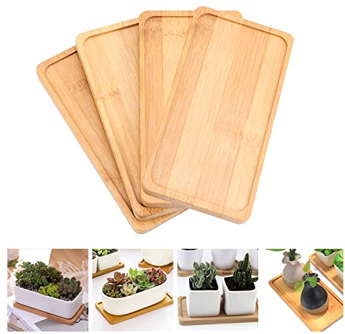 BUENTYA 4Pcs Bandeja de bambú Bandejas de Madera Rectangular Mini Bandeja de Bambú Bandeja para macetas suculentas Plato de Madera para Servir para Posavasos, té, café, Pastel, suculento
