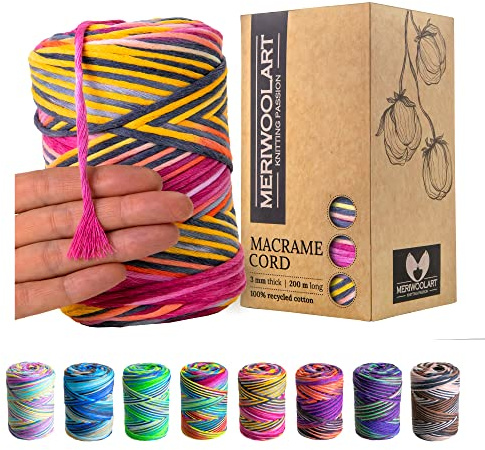 MeriWoolArt® Premium Makramee Garn - Makramee Baumwollgarn 3mm x 200m - Super weiches Garn, einfach gedrehte Makramee Schnur - Öko-Tex 100% recyceltes Baumwolle für DIY Boho Deko Handwerk