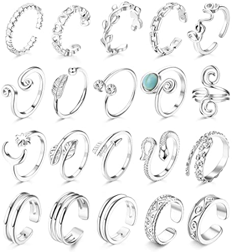 JeryWe 20 Pcs Verstellbare Zehenringe für Damen Mädchen öffnen Knöchel Joint Zehenringe Set Sommer Strand Fuß Ring Schlange Pfeil Blatt Herz CZ Schwanz Pinky Midi Ring