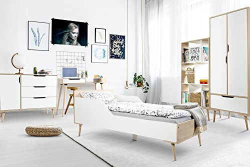 KMbaby Sophia Möbel Set für Kinder Jugendbett Kommode Kleiderschrank Bücherregal Schreibtisch Minimalistisch Boho Style Holz MDF Weiß mit Braunen Elementen Bett 184x72x84cm