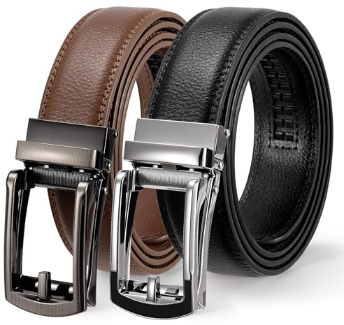 WERFORU Lot de 2 ceintures en cuir pour homme avec toboggan automatique - Ceinture à cliquet pour homme avec boucle automatique, E-marron + noir 2 pièces, 130cm/für Taillengröße 90-110cm
