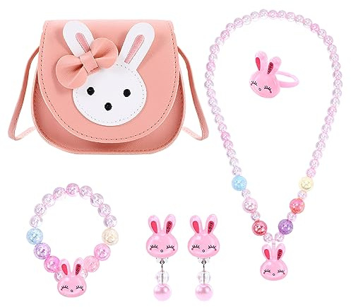 BTHRORO Sac a Main Bijoux Enfants Fille, Lapin Mini Sac à Bandoulière Collier Bracelet Des Boucles D'oreilles Bagues Kit Bijoux pour Filles Cadeau Anniversaire de Fête Fête Déguisement Accessoires