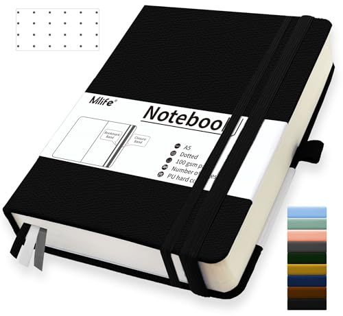 Mlife Cuaderno Punteado A5, 360 Páginas Y 100 G/M² De Papel Resistente A La Tinta, Cuadernos Con Bolsillo Plegable Para La Oficina, La Escuela, El Hogar, La Escritura Y Notas (Negro)