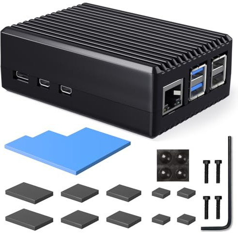 Miuzei Aluminium Gehäuse für Raspberry Pi 5, Passivkühlung mit Kühlpads | Massives Case, passive Kühlung, geräuschlos, mit Wärmeleitpads, für Pi 5 16/8/4/2GB, inkl. Ersatzzubehör
