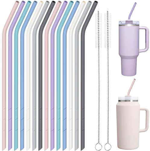 NiHome 14PCS Silicone Straws for Stanley 40oz 30oz Tumbler, 14” Extra Long Reusable Drinking Straw, Flexible Can Cut Length for 1/Half Gallon 75 64 OZ Large Water Bottle - 2 Cleaning Brushes (Macaron)