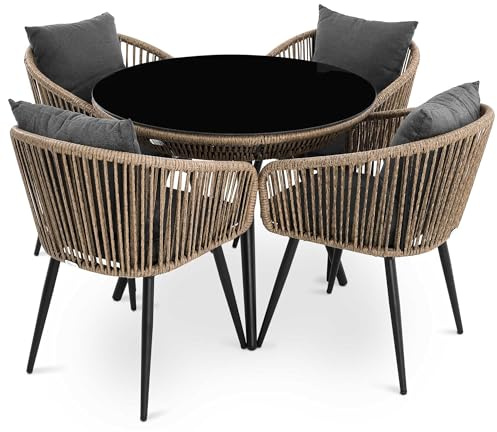 di volio Gartenmöbel-Set Polyrattan mit rundem Glastisch Outdoor Rieti | Verzinkter Stahlrahmen, gehärtete Glasplatte, Nivellierfüße, UV-beständig, kratzfest, pflegeleicht
