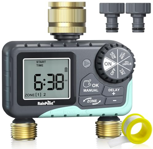 RAINPOINT Centralina di irrigazione 2 uscite, ingresso e uscita in ottone, ritardo pioggia/irrigazione manuale/automatica, timer programmabile da giardino