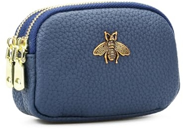 QIUTIMIY Kleine Damen-Geldbörse aus Leder für Bargeld, Mini-Geldbörse, doppelte Reißverschlusstasche mit Schlüsselanhänger (blau)