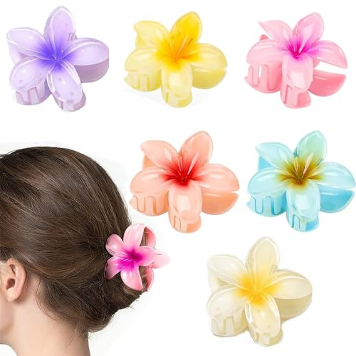 6 x Blumen-Haarspangen – Blumen-Haarspangen/große hawaiianische Blumen-Haarklammern für Frauen und Mädchen, starker Halt, rutschfeste Haarklammer, Haarschmuck für mitteldickes Haar