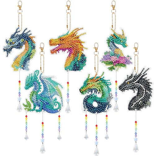 Sitsink Dragon Diamond Painting Wind Chimes - 6 Pcs Art Kits for Adults, Legend Animal Suncatchers