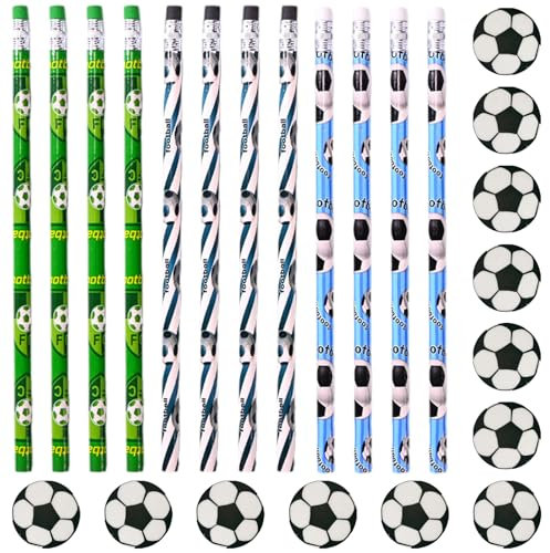 Fussball Geburtstag, Fussball Mitgebsel Jungen, Mitgebsel Fussball Geburtstag Junge, Packung mit 12 Fußball-Bleistiften mit 12 Fußball-Radiergummi Bleistift Anzug für Kinder