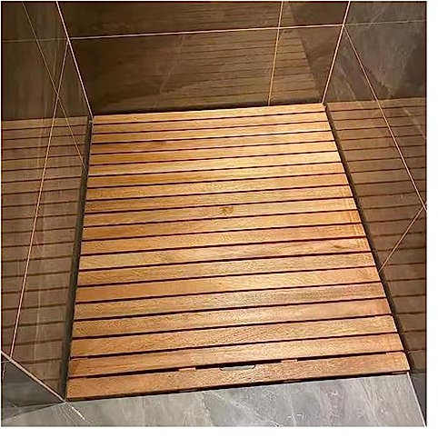 Caillebotis de Douche en Bois de Teck, Tapis de douche carré/rectangulaire en bois, plate-forme en ardoise, égouttoir avec coussinets antidérapants, tapis de sol intérieur pour douche/camping-car/sal